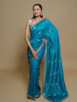 SAREE.COM - Turquoise Blue Chiffon Georgette Paisley Embroidery Butta Saree with Unstitched Blouse