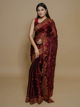 SAREE.COM - Maroon Shimmer Organza Embroidered Saree Swarovski Work Border with Unstitched Blouse