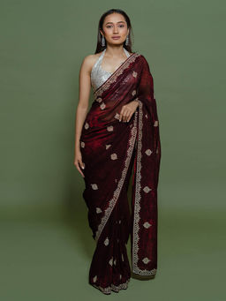SAREE.COM - Maroon Chiffon Silk Swarovski Work Saree with Unstitched Blouse