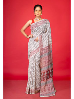 Unnati Silks - Cream Pure Bagh Printed Soft Cotton Saree with Unstitched Blouse