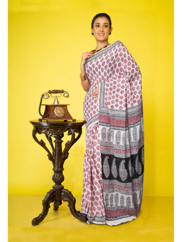 Unnati Silks - Cream Pure Bagh Printed Soft Cotton Saree with Unstitched Blouse