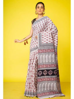 Unnati Silks - Cream Pure Bagh Printed Soft Cotton Saree with Unstitched Blouse