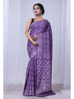Unnati Silks - Violet Pure Dabu Printed Mulmul Cotton Saree with Unstitched Blouse