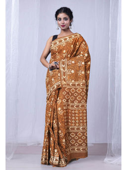 Unnati Silks - Brown Pure Dabu Printed Mulmul Cotton Saree with Unstitched Blouse
