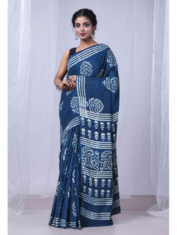 Unnati Silks - Indigo Blue Pure Dabu Printed Mulmul Cotton Saree with Unstitched Blouse