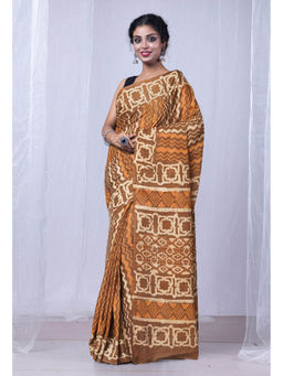 Unnati Silks - Brown Pure Dabu Printed Mulmul Cotton Saree with Unstitched Blouse