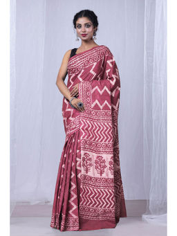 Unnati Silks - Pink Pure Dabu Printed Mulmul Cotton Saree with Unstitched Blouse