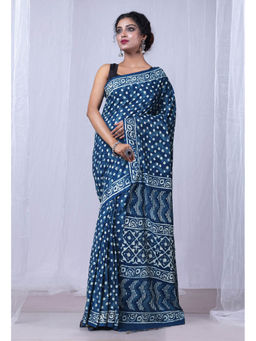 Unnati Silks - Indigo Blue Pure Dabu Printed Mulmul Cotton Saree with Unstitched Blouse