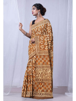 Unnati Silks - Brown Pure Dabu Printed Mulmul Cotton Saree with Unstitched Blouse