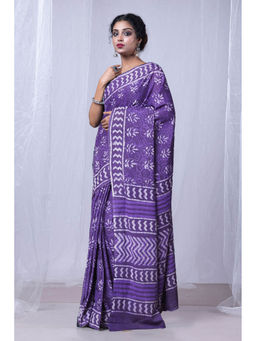 Unnati Silks - Violet Pure Dabu Printed Mulmul Cotton Saree with Unstitched Blouse