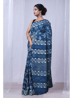 Unnati Silks - Indigo Blue Pure Dabu Printed Mulmul Cotton Saree with Unstitched Blouse