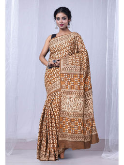 Unnati Silks - Brown Pure Dabu Printed Mulmul Cotton Saree with Unstitched Blouse