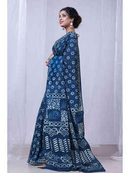 Unnati Silks - Indigo Blue Pure Dabu Printed Mulmul Cotton Saree with Unstitched Blouse