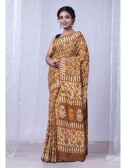 Unnati Silks - Brown Pure Dabu Printed Mulmul Cotton Saree with Unstitched Blouse