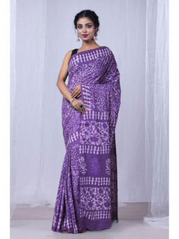 Unnati Silks - Violet Pure Dabu Printed Mulmul Cotton Saree with Unstitched Blouse