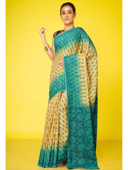 Unnati Silks - Yellow turquoise Green Pure Block Printed Soft Cotton Saree with Unstitched Blouse