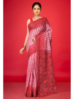 Unnati Silks - Pink Red Pure Block Printed Soft Cotton Saree with Unstitched Blouse