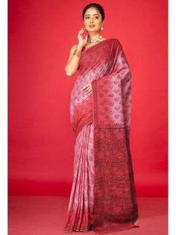 Unnati Silks - Pinkred Pure Block Printed Soft Cotton Saree with Unstitched Blouse