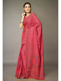 Unnati Silks - Pink Pure Block Printed Soft Cotton Saree with Unstitched Blouse