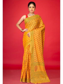 Unnati Silks - Yellow Pure Block Printed Soft Cotton Saree with Unstitched Blouse