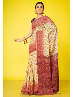 Unnati Silks - Yellow brown Pure Block Printed Soft Cotton Saree with Unstitched Blouse