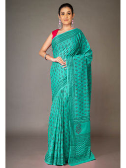 Unnati Silks - Turquoise Green Pure Block Printed Soft Cotton Saree with Unstitched Blouse