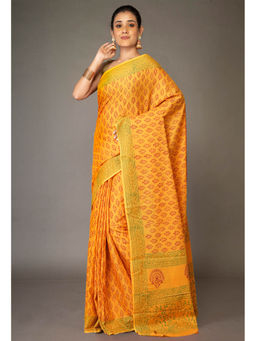 Unnati Silks - Yellow Pure Block Printed Soft Cotton Saree with Unstitched Blouse