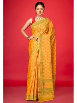 Unnati Silks - Yellow Pure Block Printed Soft Cotton Saree with Unstitched Blouse