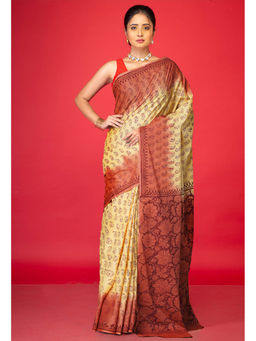 Unnati Silks - Yellowbrown Pure Block Printed Soft Cotton Saree with Unstitched Blouse