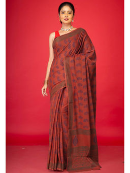 Unnati Silks - Brown Pure Block Printed Soft Cotton Saree with Unstitched Blouse