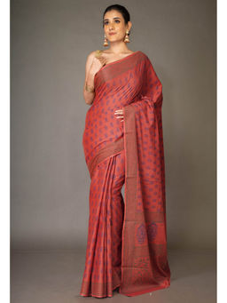 Unnati Silks - Pink Pure Block Printed Soft Cotton Saree with Unstitched Blouse