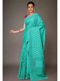 Unnati Silks - Turquoise Pure Block Printed Soft Cotton Saree with Unstitched Blouse