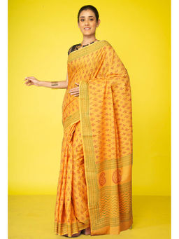 Unnati Silks - Yellow Pure Block Printed Soft Cotton Saree with Unstitched Blouse