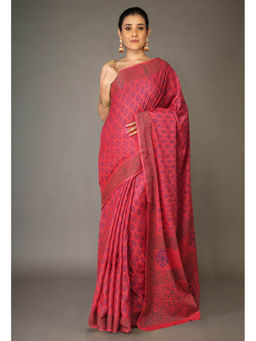 Unnati Silks - Red Pure Block Printed Soft Cotton Saree with Unstitched Blouse