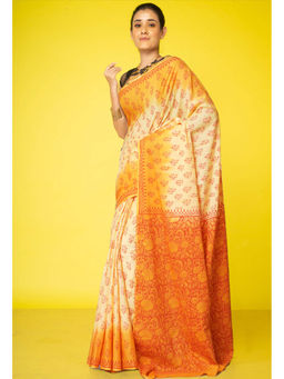 Unnati Silks - Yellow Orange Pure Block Printed Soft Cotton Saree with Unstitched Blouse