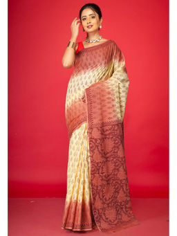 Unnati Silks - Yellow Brown Pure Block Printed Soft Cotton Saree with Unstitched Blouse