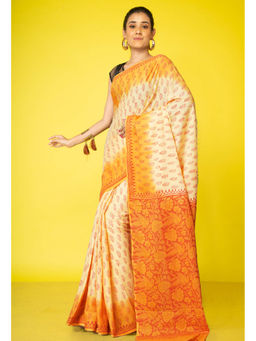 Unnati Silks - Yellow Orange Pure Block Printed Soft Cotton Saree with Unstitched Blouse