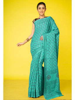 Unnati Silks - Turquoise Pure Block Printed Soft Cotton Saree with Unstitched Blouse