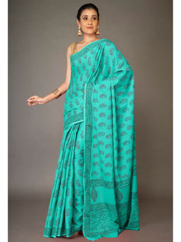 Unnati Silks - Turquoise Pure Block Printed Soft Cotton Saree with Unstitched Blouse