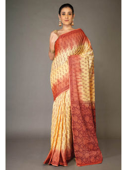 Unnati Silks - Yellowbrown Pure Block Printed Soft Cotton Saree with Unstitched Blouse