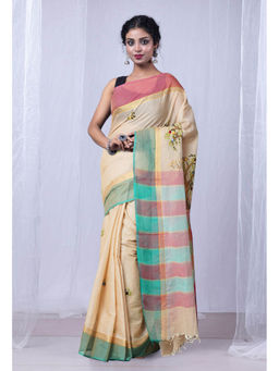 Unnati Silks - Cream Pure Brush Painting with Hand Embroidery Soft Cotton Saree with Unstitched Blouse