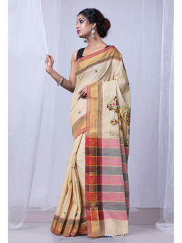 Unnati Silks - Cream Pure Brush Painting with Hand Embroidery Soft Cotton Saree with Unstitched Blouse
