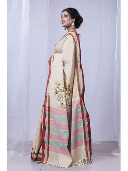Unnati Silks - Beige Pure Brush Painting with Hand Embroidery Soft Cotton Saree with Unstitched Blouse