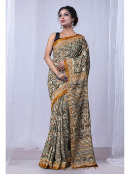 Unnati Silks - Green Pure Bagru Printed Pashmina Scio Saree with Unstitched Blouse
