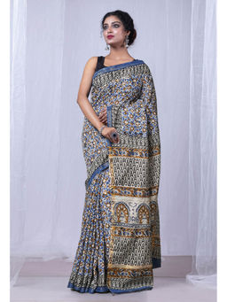Unnati Silks - Blue Pure Bagru Printed Pashmina Scio Saree with Unstitched Blouse