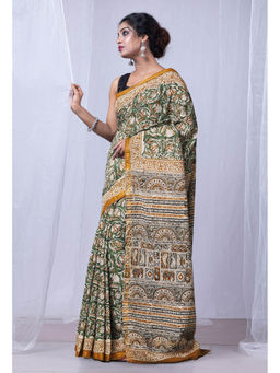 Unnati Silks - Green Pure Bagru Printed Pashmina Scio Saree with Unstitched Blouse