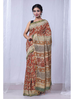 Unnati Silks - Red Pure Bagru Printed Pashmina Scio Saree with Unstitched Blouse