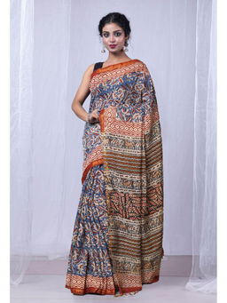 Unnati Silks - Blue Pure Bagru Printed Pashmina Scio Saree with Unstitched Blouse