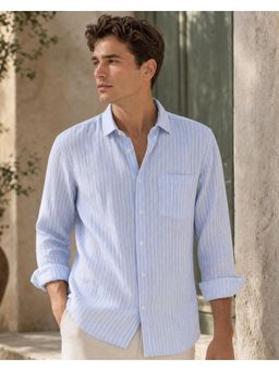 Nobero - Blue Men Cotton Linen Striped Regular Fit Shirt
