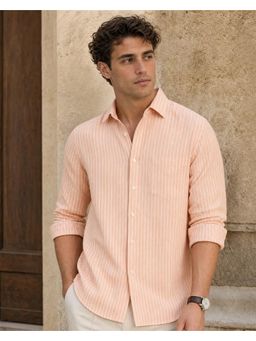 Nobero - Peach Men Cotton Linen Striped Regular Fit Shirt